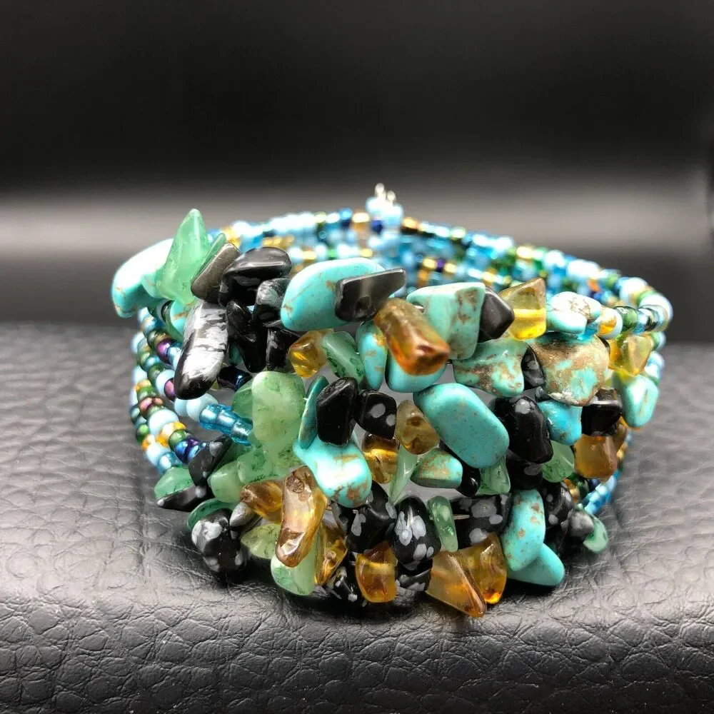 Gemstone Bracelet 7inch Mixed Malachite‎ Quartz Glass Seed Bead Sizable Cuff